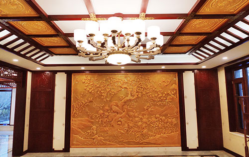 庐阳中式别墅客厅中式木作横梁吊顶装饰展示